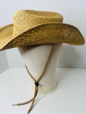 Women's Woven Straw Cowboy Hat with Adjustable Chin Cord - Tan